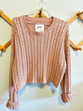 aerie Cropped Cable Knit Crewneck Sweater - Dusty Rose Pink